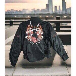 Fieldsheer Pokerun Motorcycle Jacket Black M Padded Embroidered Wings Biker